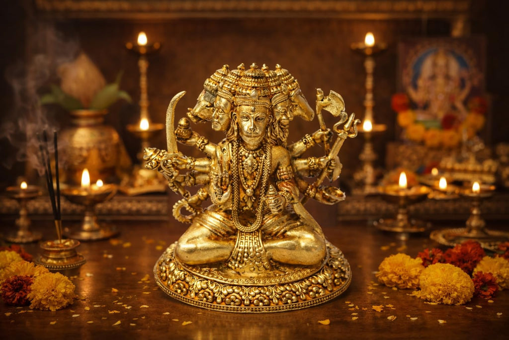 PeetalKraft Panchmukhi Hanuman Brass Idol Murti (7 cm) – Five Face Hanuman Ji Statue for Pooja || Vastu, Home Temple, Spiritual Gift, Decorative Religious Figurine || 120g