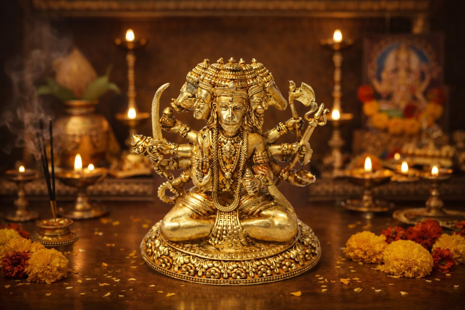 PeetalKraft Panchmukhi Hanuman Brass Idol Murti (7 cm) – Five Face Hanuman Ji Statue for Pooja || Vastu, Home Temple, Spiritual Gift, Decorative Religious Figurine || 120g