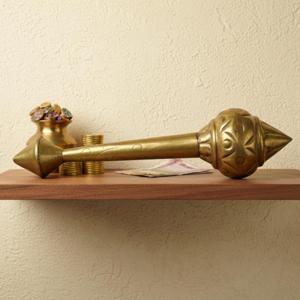 PeetalKraft  Brass Gada (Mace) Showpiece, Antique Golden Finish, Ornate Decorative Motifs, 20 cm, for Pooja Room, Temple & Home Decor