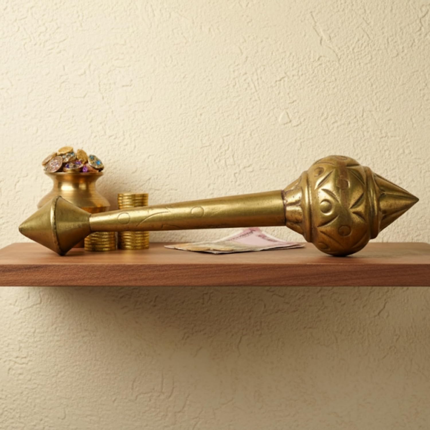 PeetalKraft  Brass Gada (Mace) Showpiece, Antique Golden Finish, Ornate Decorative Motifs, 20 cm, for Pooja Room, Temple & Home Decor