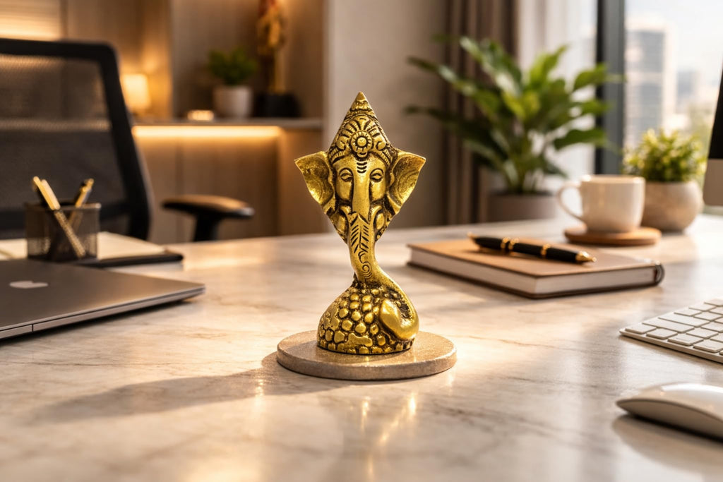 PeetalKraft Brass Ganesha Figurine, Gold, Height-8 cm Mini Idol for Home Decor, Office Desk & Pooja Room, Ornate Crown with Coiled Base
