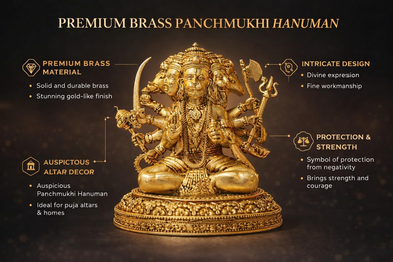 PeetalKraft Panchmukhi Hanuman Brass Idol Murti (7 cm) – Five Face Hanuman Ji Statue for Pooja || Vastu, Home Temple, Spiritual Gift, Decorative Religious Figurine || 120g