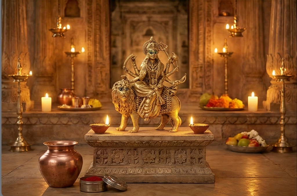 PeetalKraft Pure Brass Durga Maa Idol with Intricate Detailing for Puja Room, Size 5x8x10 cm, Weight 215 Grams
