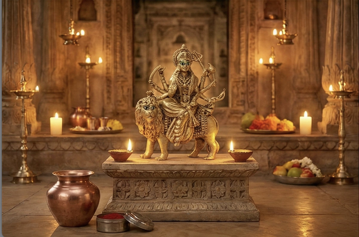 PeetalKraft Pure Brass Durga Maa Idol with Intricate Detailing for Puja Room, Size 5x8x10 cm, Weight 215 Grams
