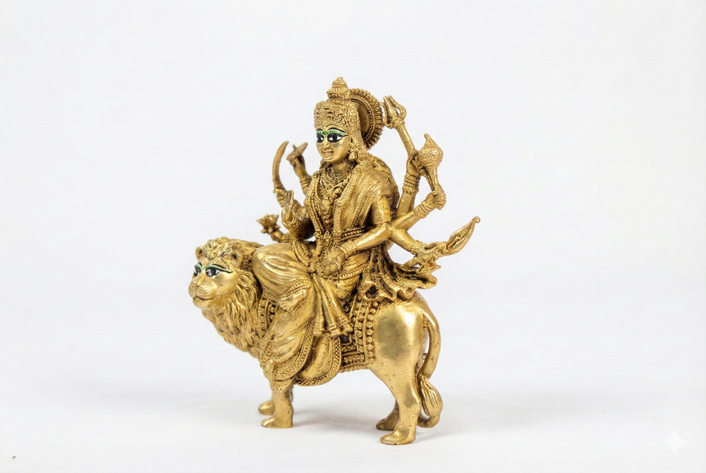 PeetalKraft Pure Brass Durga Maa Idol with Intricate Detailing for Puja Room, Size 5x8x10 cm, Weight 215 Grams