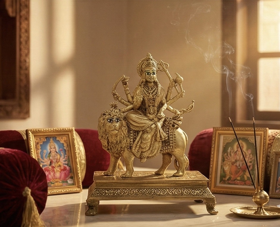 PeetalKraft Pure Brass Durga Maa Idol with Intricate Detailing for Puja Room, Size 5x8x10 cm, Weight 215 Grams