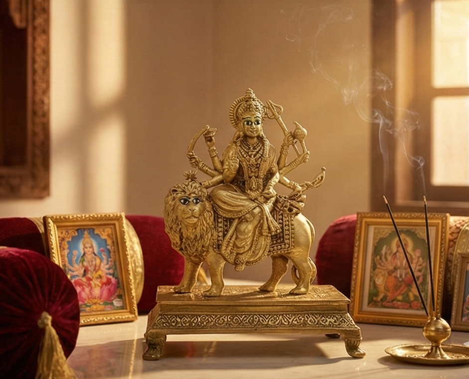 PeetalKraft Pure Brass Durga Maa Idol with Intricate Detailing for Puja Room, Size 5x8x10 cm, Weight 215 Grams