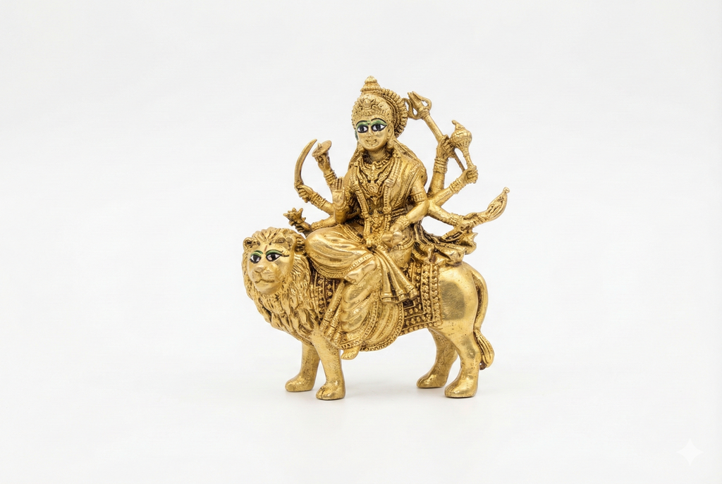 PeetalKraft Pure Brass Durga Maa Idol with Intricate Detailing for Puja Room, Size 5x8x10 cm, Weight 215 Grams