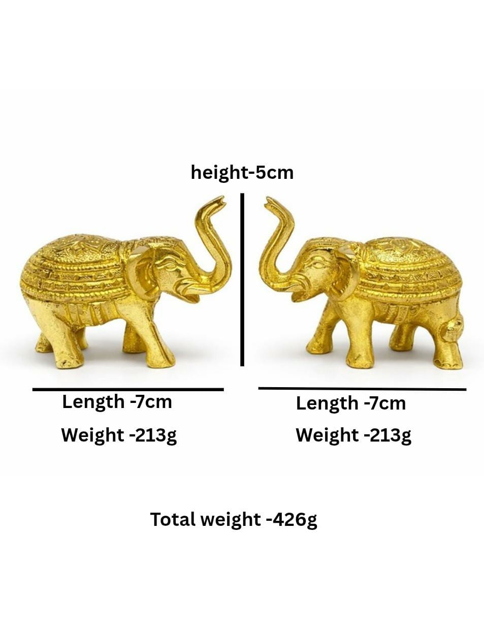 PeetalKraft Brass Elephant Pair Showpiece Set for Luck and Home Decor, Size 7x2x5 cm, Weight 426 Grams