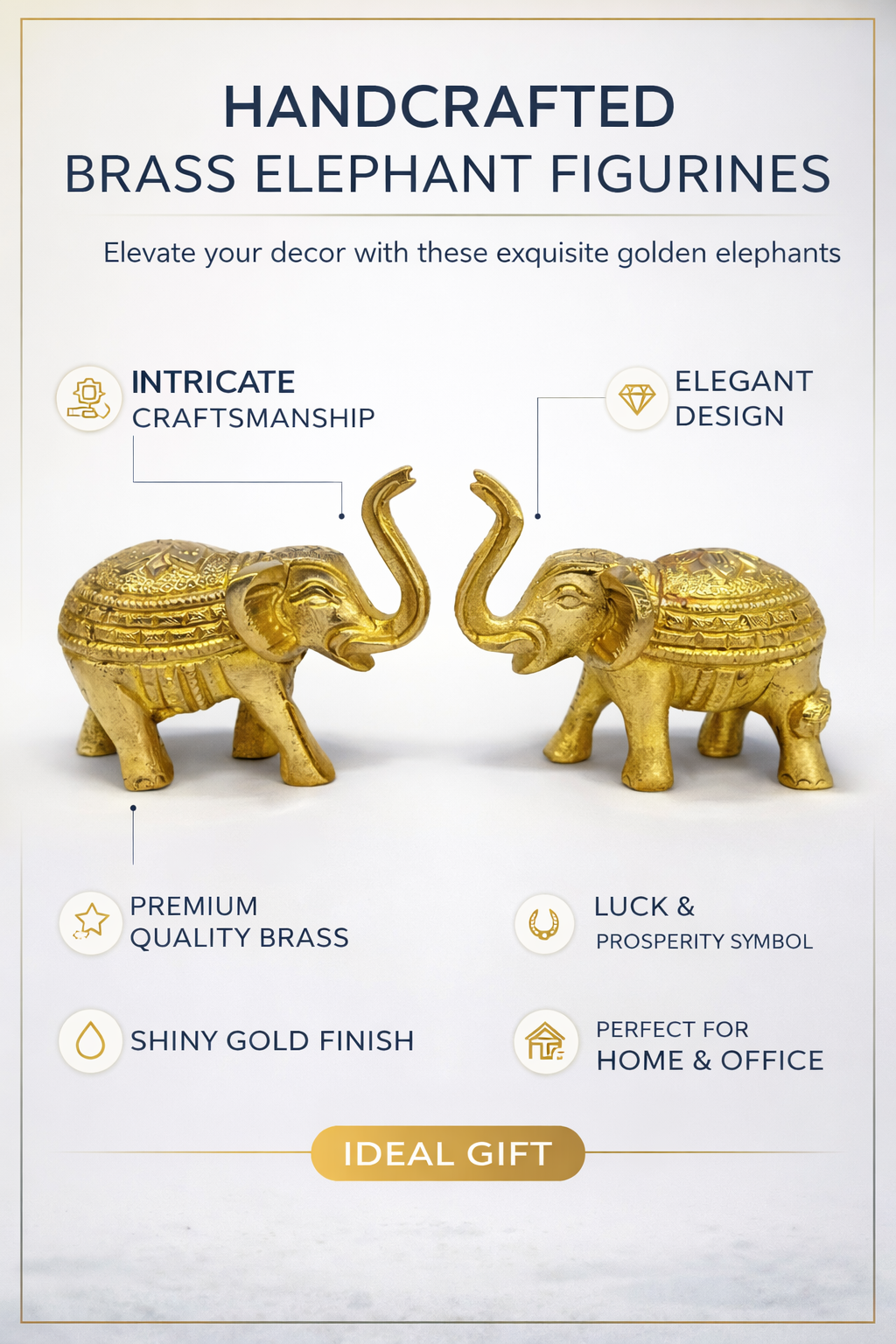 PeetalKraft Brass Elephant Pair Showpiece Set for Luck and Home Decor, Size 7x2x5 cm, Weight 426 Grams