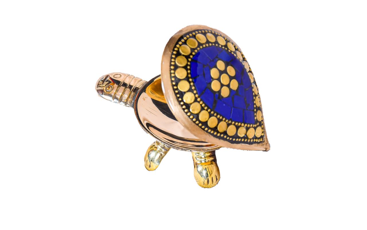 PeetalKraft Handcrafted Brass Blue Turtle Trinket Box with Turquoise Inlay, Size 9x6x4 cm, Weight 110 Grams