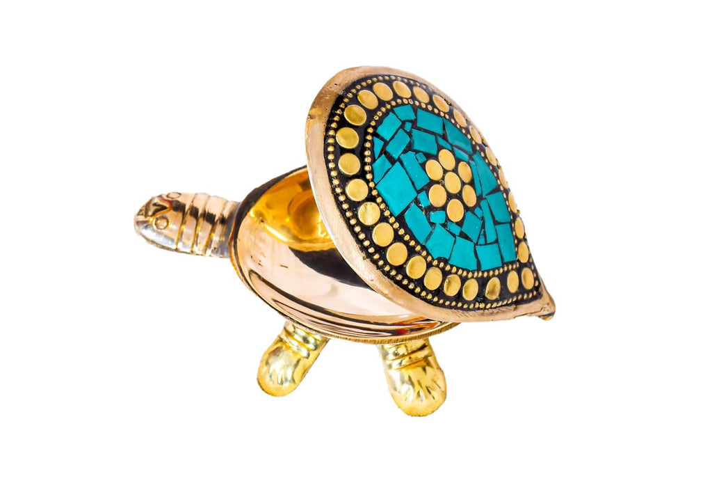 PeetalKraft Handcrafted Brass Green Turtle Trinket Box with Turquoise Inlay, Size 11x6x4 cm, Weight 110 Grams
