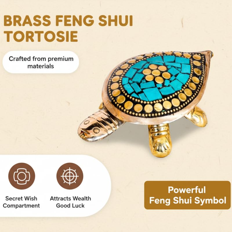 PeetalKraft Handcrafted Brass Green Turtle Trinket Box with Turquoise Inlay, Size 11x6x4 cm, Weight 110 Grams