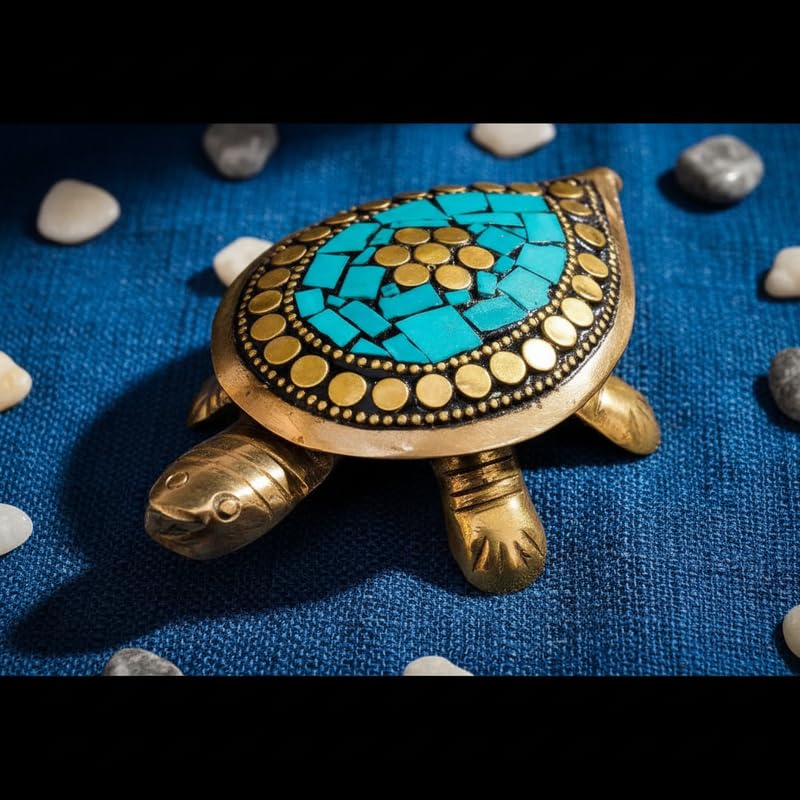 PeetalKraft Handcrafted Brass Green Turtle Trinket Box with Turquoise Inlay, Size 11x6x4 cm, Weight 110 Grams
