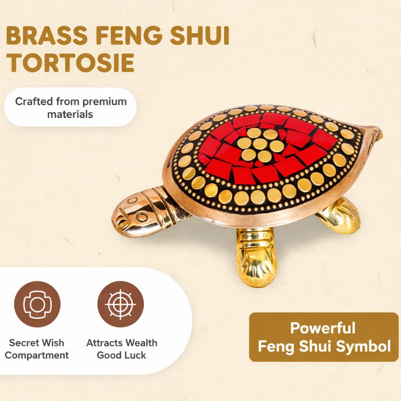 PeetalKraft Handcrafted Brass Red Turtle Trinket Box with Turquoise Inlay, Size 10x6x4 cm, Weight 110 Grams