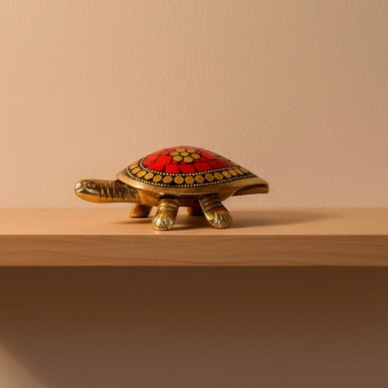 PeetalKraft Handcrafted Brass Red Turtle Trinket Box with Turquoise Inlay, Size 10x6x4 cm, Weight 110 Grams