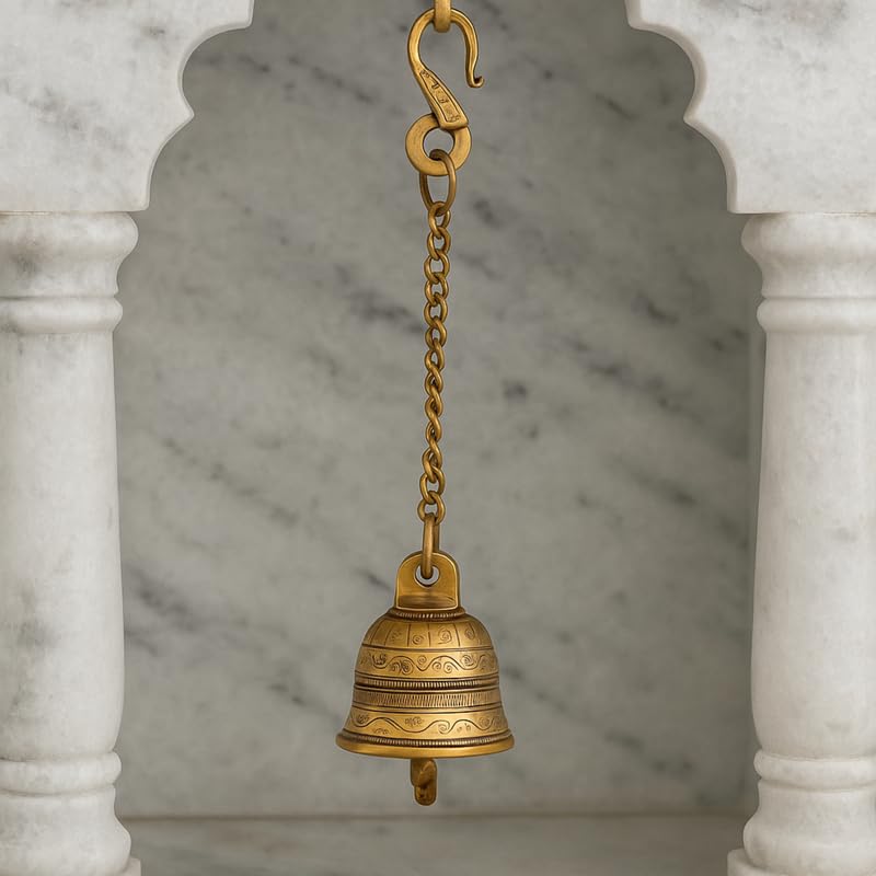 PeetalKraft Golden Brass Decorative Mini Hanging Bell With Chain Hook Size 7X7X43 Cm Weight 315 Grams