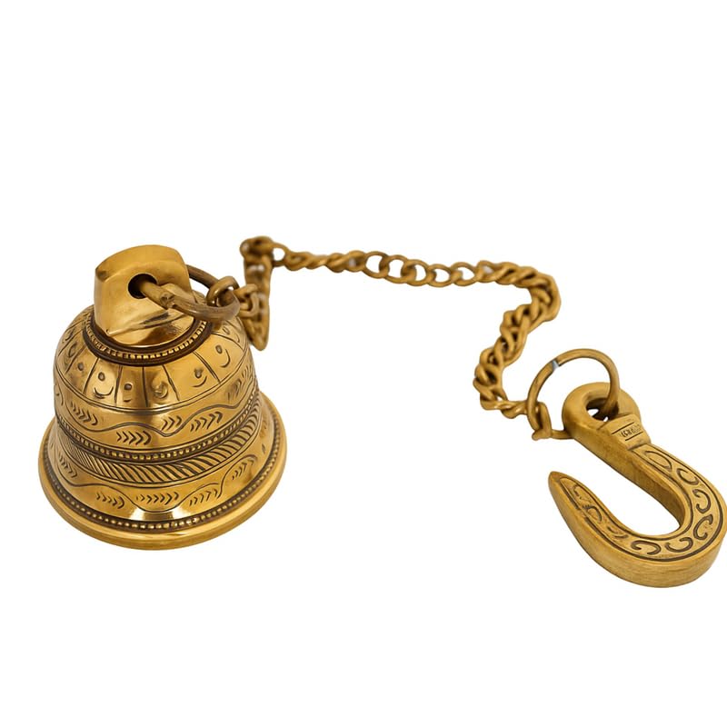 PeetalKraft Golden Brass Decorative Mini Hanging Bell With Chain Hook Size 7X7X43 Cm Weight 315 Grams