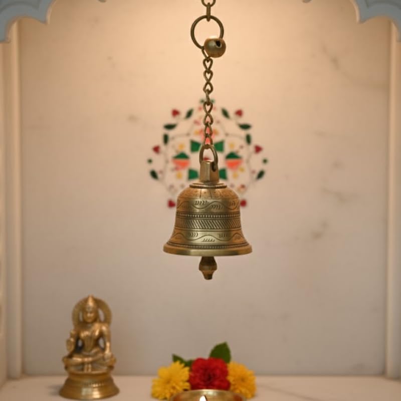 PeetalKraft Golden Brass Decorative Mini Hanging Bell With Chain Hook Size 7X7X43 Cm Weight 315 Grams