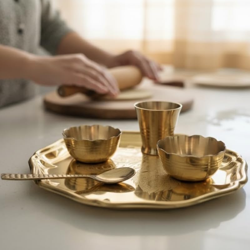 PeetalKraft Golden Brass Mini Gopal Set Pooja Thali Glass Set For Bhog Prasad Size 21X21X4 Cm Weight 260 Grams