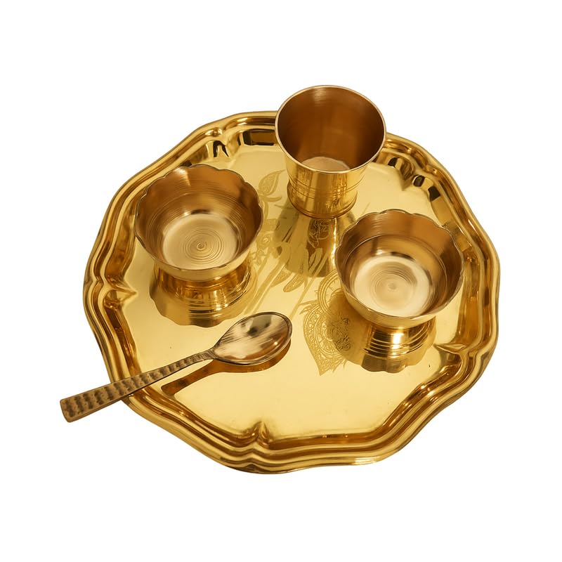 PeetalKraft Golden Brass Mini Gopal Set Pooja Thali Glass Set For Bhog Prasad Size 21X21X4 Cm Weight 260 Grams