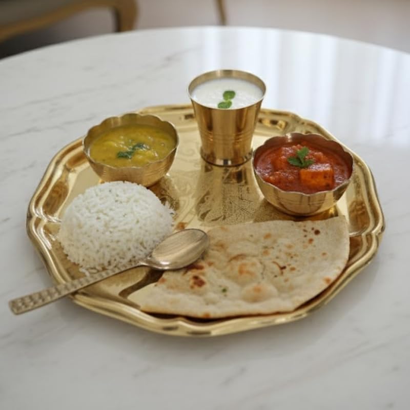 PeetalKraft Golden Brass Mini Gopal Set Pooja Thali Glass Set For Bhog Prasad Size 21X21X4 Cm Weight 260 Grams
