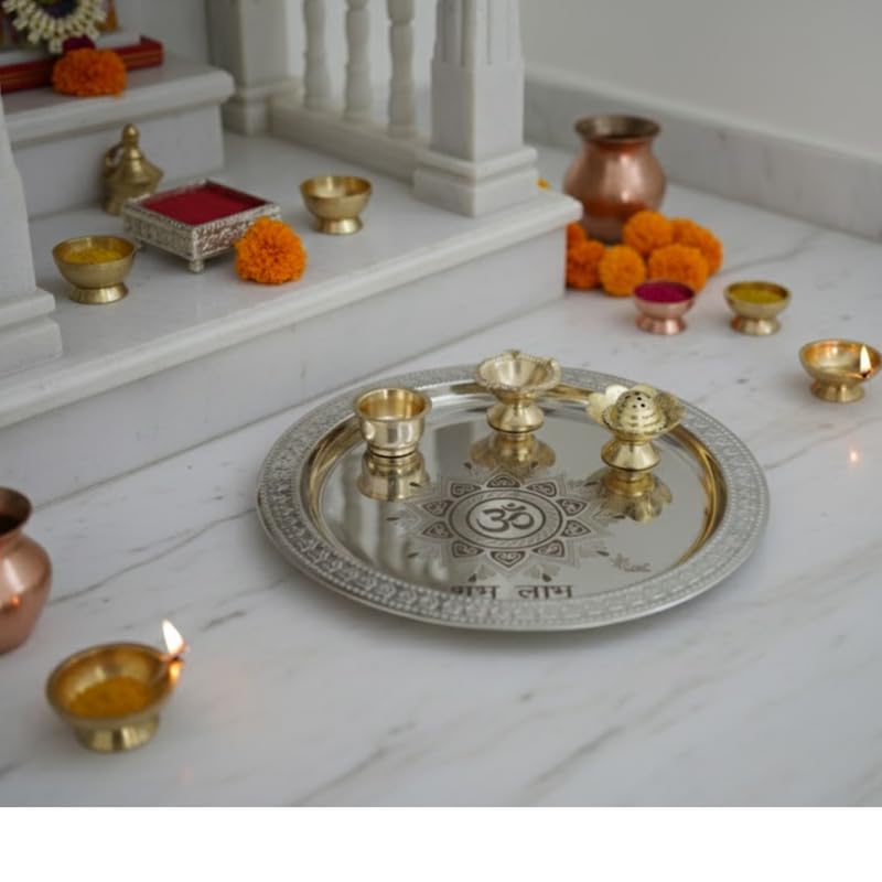 PeetalKraft Golden Tooton Pooja Thali Large Worship Plate 30Cm Dia Size 31X31X3 Cm Weight 340 Grams