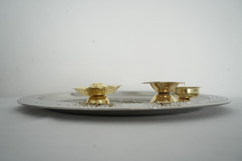 PeetalKraft Golden Tooton Pooja Thali Large Worship Plate 30Cm Dia Size 31X31X3 Cm Weight 340 Grams
