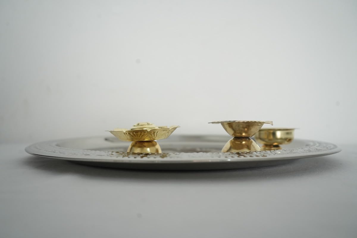 PeetalKraft Golden Tooton Pooja Thali Large Worship Plate 30Cm Dia Size 31X31X3 Cm Weight 340 Grams