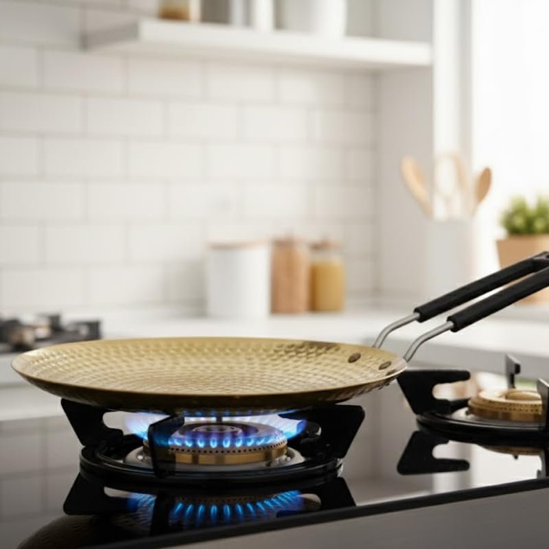 PeetalKraft Golden Heavy Duty Brass Roti Tawa Teflon Free 1Kg Size 40X25X3 Cm Weight 1000 Grams