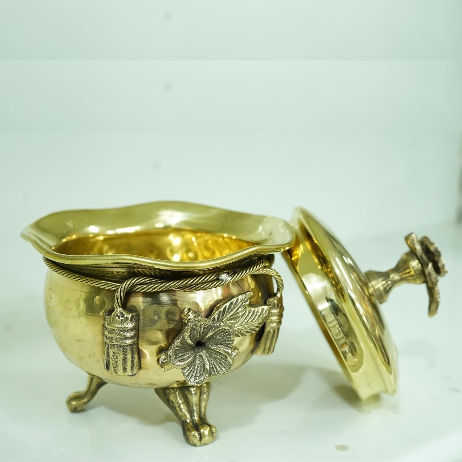 PeetalKraft Golden Brass Ribbon Bow Design Handi With Lid Serveware 250Ml Size 5X4X12 Cm Weight 275 Grams