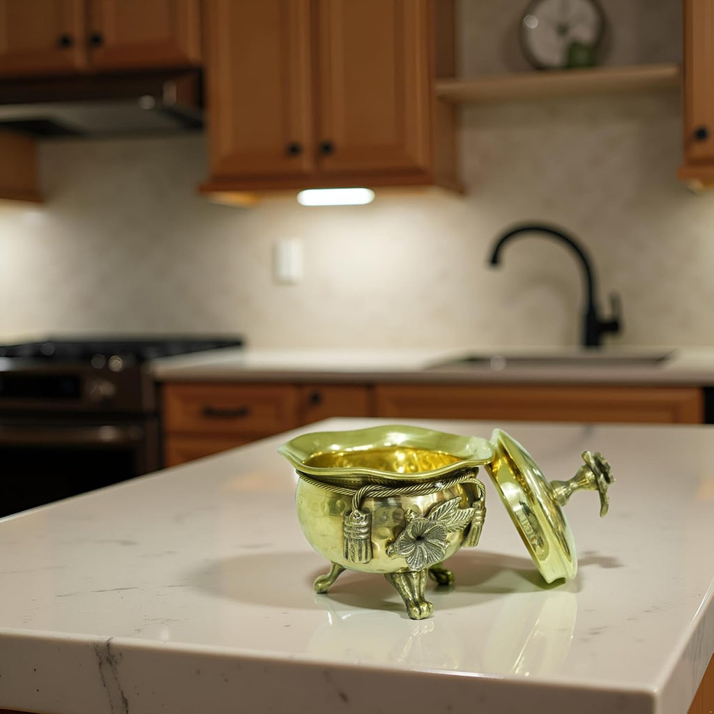 PeetalKraft Golden Brass Ribbon Bow Design Handi With Lid Serveware 250Ml Size 5X4X12 Cm Weight 275 Grams