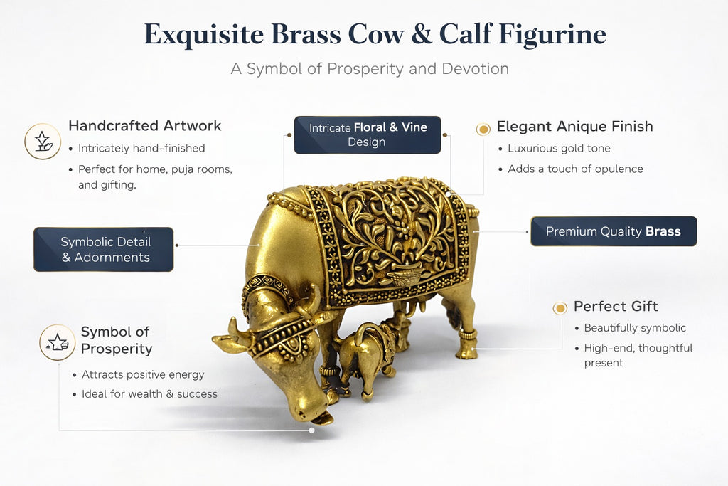 PeetalKraft Brass Cow and Calf Kamadhenu Idol for Prosperity and Motherly Love, Size 5x4x6 cm, Weight 152 Grams