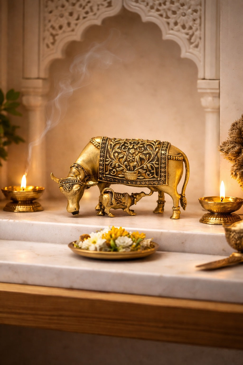 PeetalKraft Brass Cow and Calf Kamadhenu Idol for Prosperity and Motherly Love, Size 5x4x6 cm, Weight 152 Grams