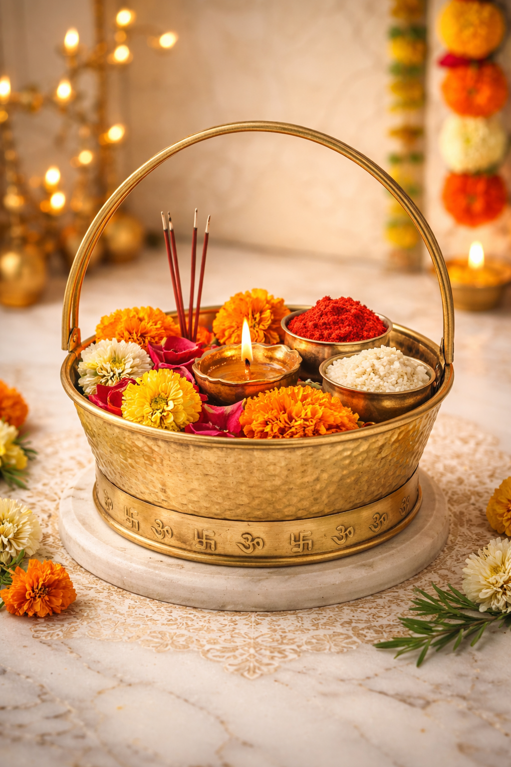 PeetalKraft Brass Pooja Daliya with Handle for Temple and Rituals, Size 22x22x9 cm, Weight 380 Grams