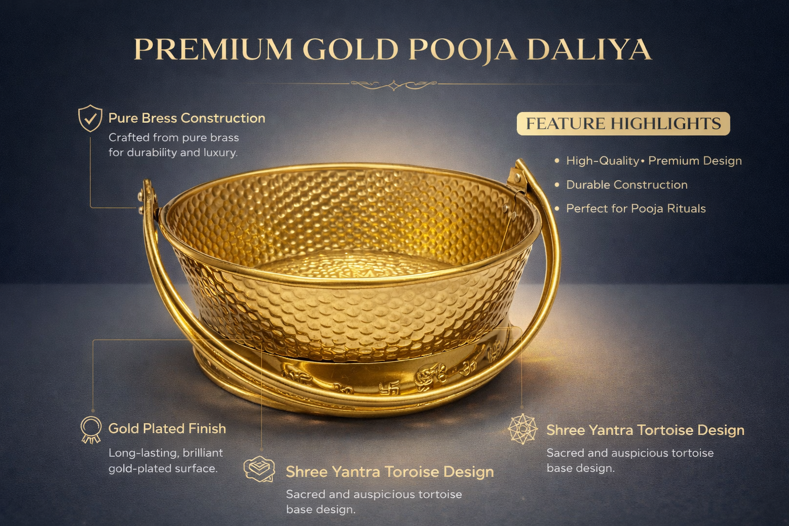 PeetalKraft Brass Pooja Daliya with Handle for Temple and Rituals, Size 22x22x9 cm, Weight 380 Grams