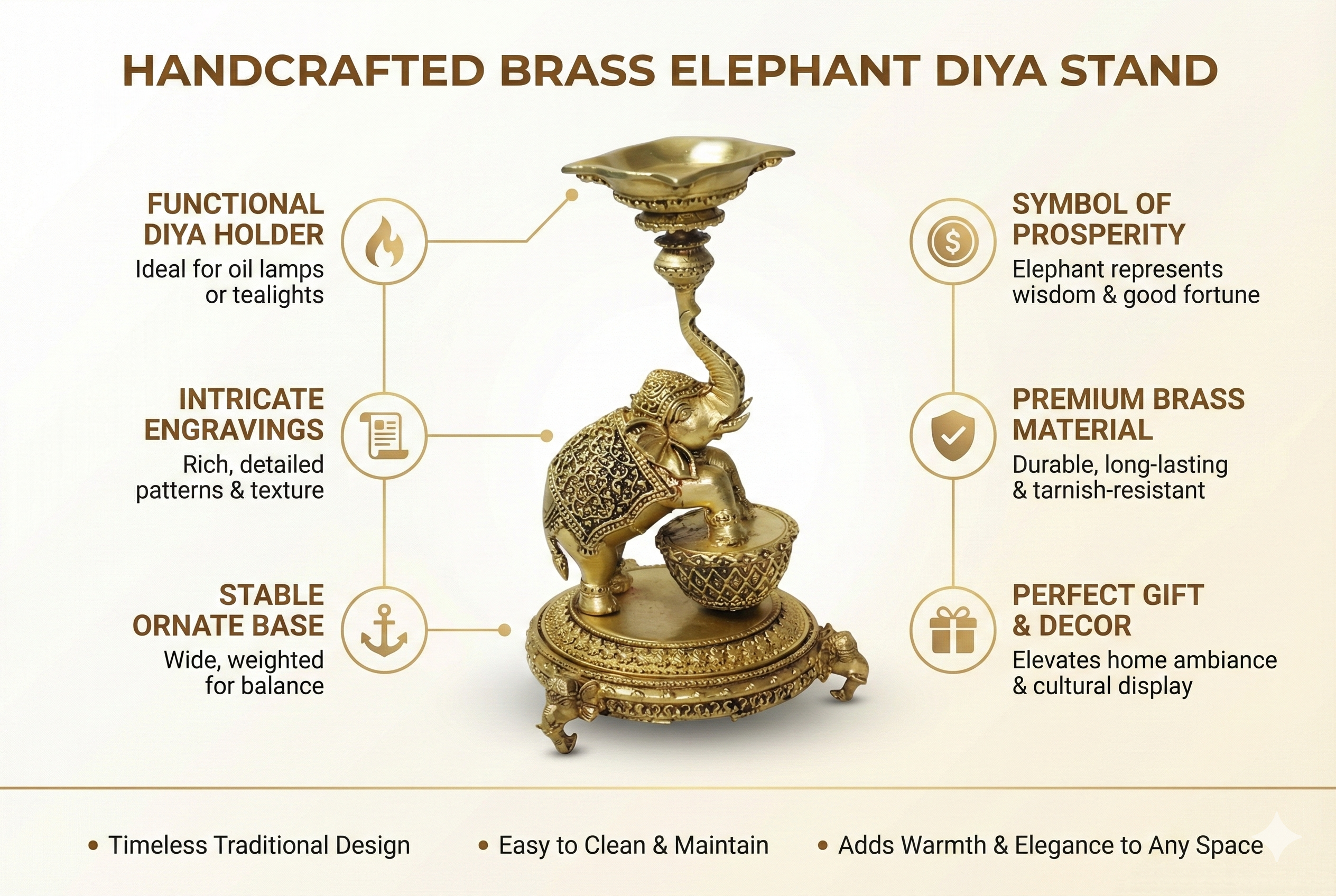 PeetalKraft Brass Elephant Diya Stand, Antique Gold, Handcrafted, 14 cm Height, Pooja Oil Lamp for Home Temple Decor | Weight-320g