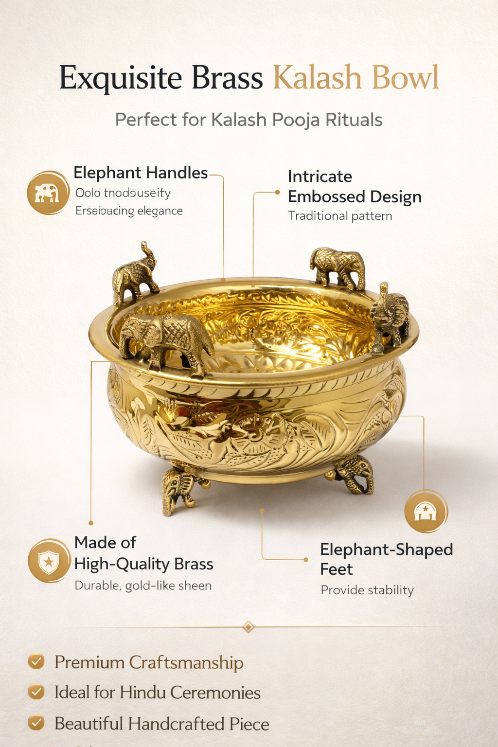 PeetalKraft Pure Brass Elephant Urli Bowl for Pooja, Floating Flowers & Home Temple Decor, 11cm Height x  14cm Dia, Diwali Housewarming Wedding Gift.