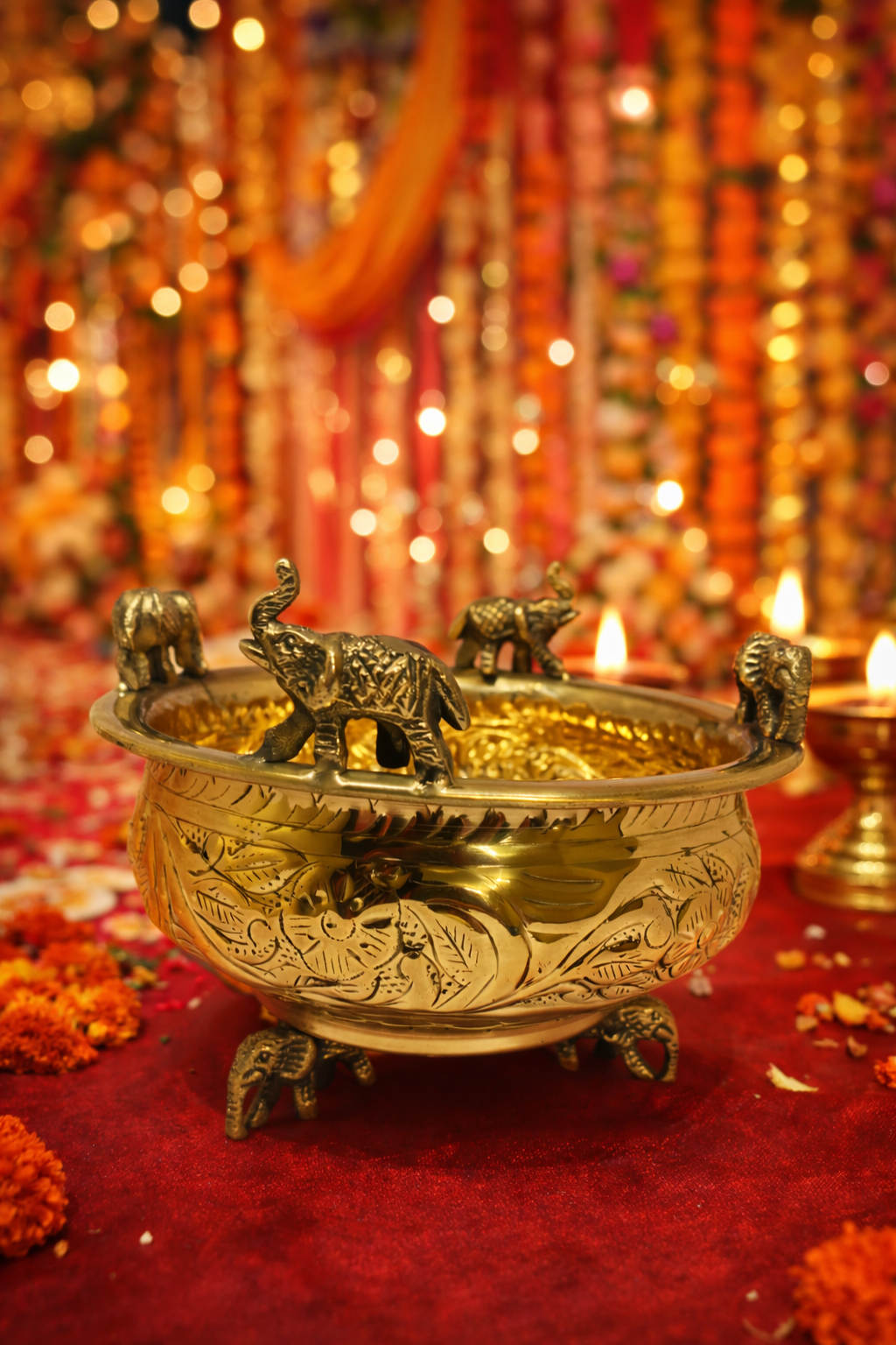 PeetalKraft Pure Brass Elephant Urli Bowl for Pooja, Floating Flowers & Home Temple Decor, 11cm Height x  14cm Dia, Diwali Housewarming Wedding Gift.