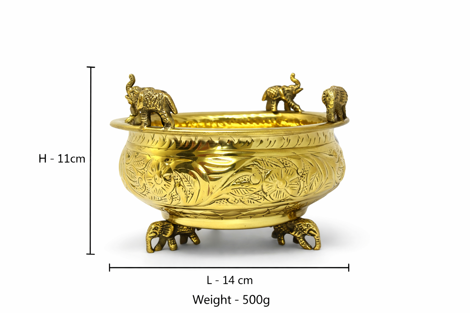 PeetalKraft Pure Brass Elephant Urli Bowl for Pooja, Floating Flowers & Home Temple Decor, 11cm Height x  14cm Dia, Diwali Housewarming Wedding Gift.