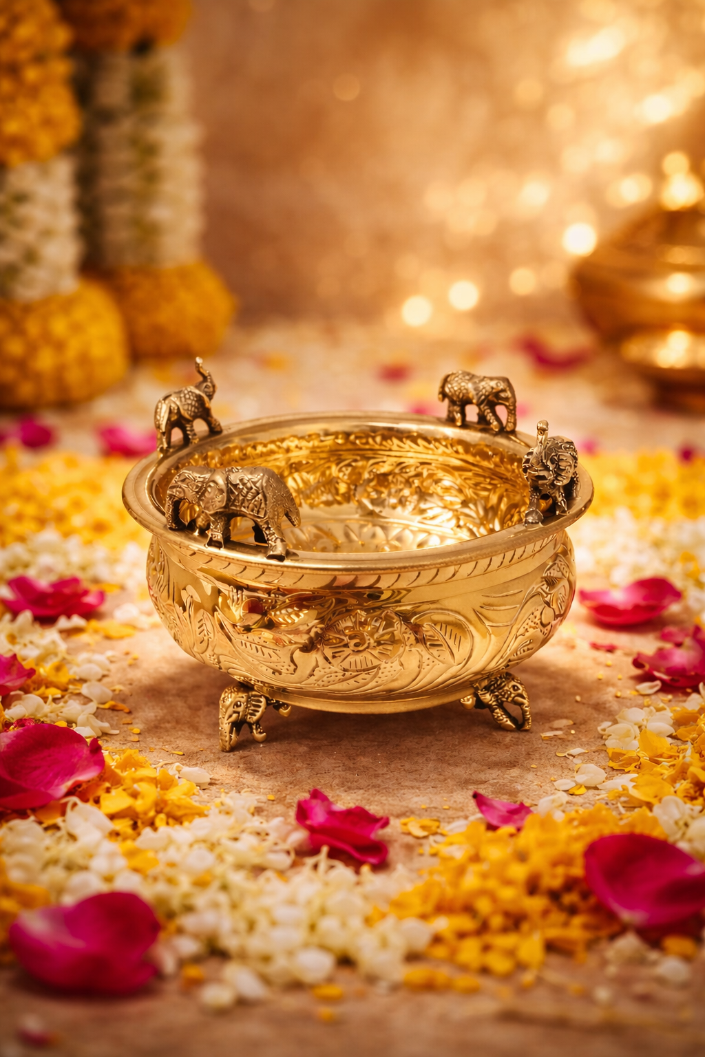 PeetalKraft Pure Brass Elephant Urli Bowl for Pooja, Floating Flowers & Home Temple Decor, 11cm Height x  14cm Dia, Diwali Housewarming Wedding Gift.