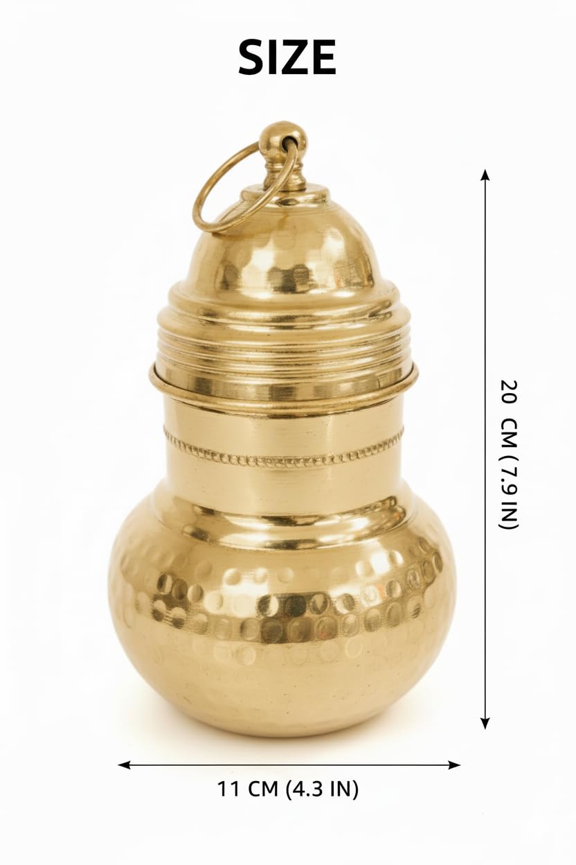 PeetalKraft Brass Gangajali Holy Water Pot with Lid, Gold, 500ml, Polished Brass, for Pooja, Temple & Rituals. (H-18cm,Dia-9cm) Weight-280 g