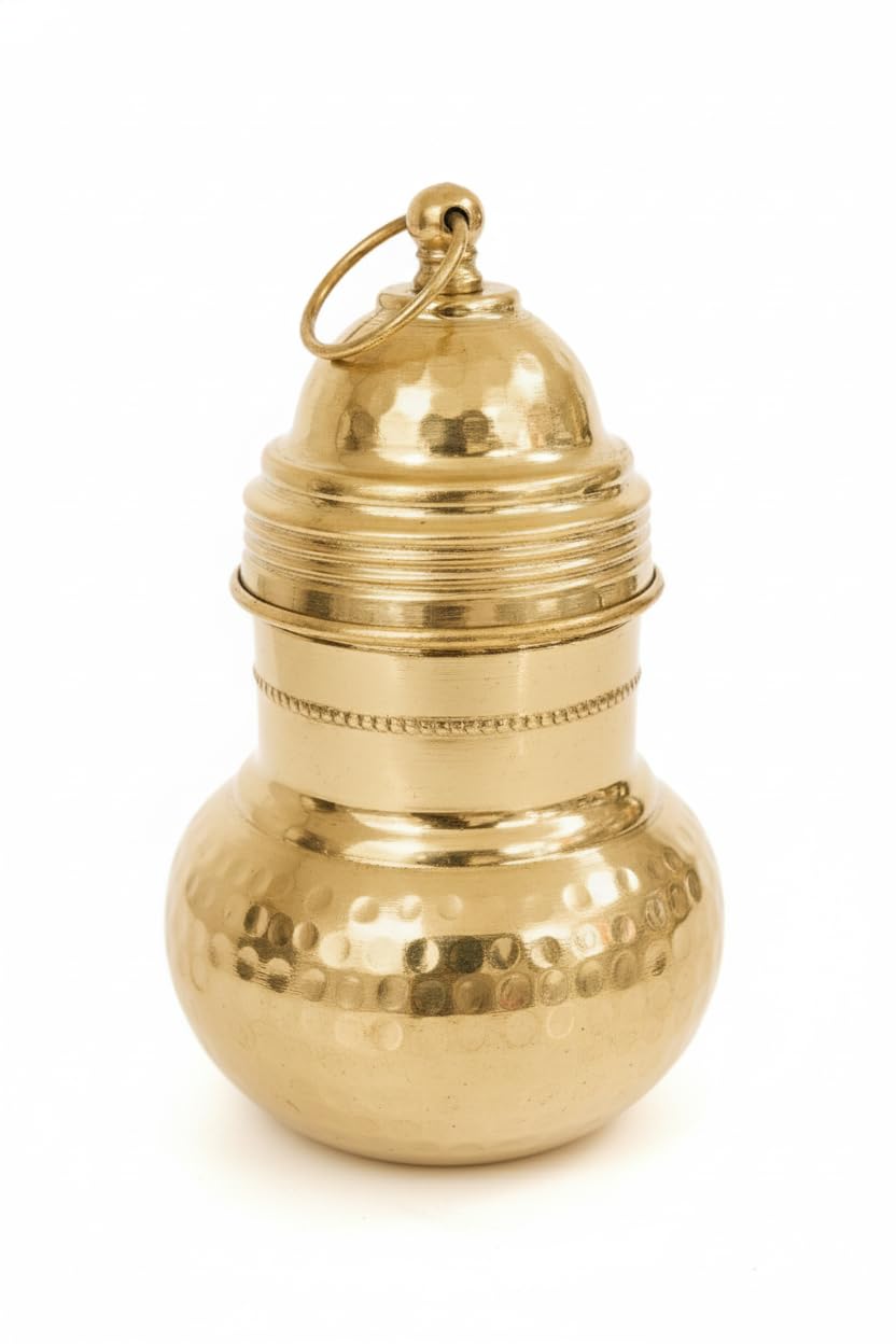 PeetalKraft Brass Gangajali Holy Water Pot with Lid, Gold, 500ml, Polished Brass, for Pooja, Temple & Rituals. (H-18cm,Dia-9cm) Weight-280 g