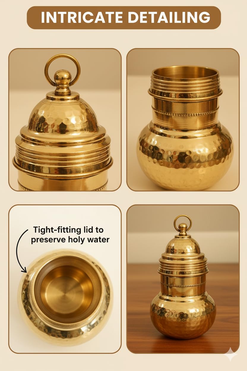 PeetalKraft Brass Gangajali Holy Water Pot with Lid, Gold, 500ml, Polished Brass, for Pooja, Temple & Rituals. (H-18cm,Dia-9cm) Weight-280 g