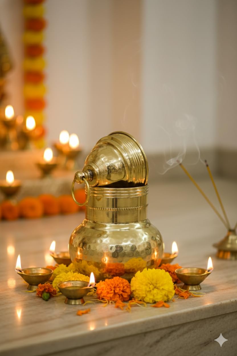 PeetalKraft Brass Gangajali Holy Water Pot with Lid, Gold, 500ml, Polished Brass, for Pooja, Temple & Rituals. (H-18cm,Dia-9cm) Weight-280 g