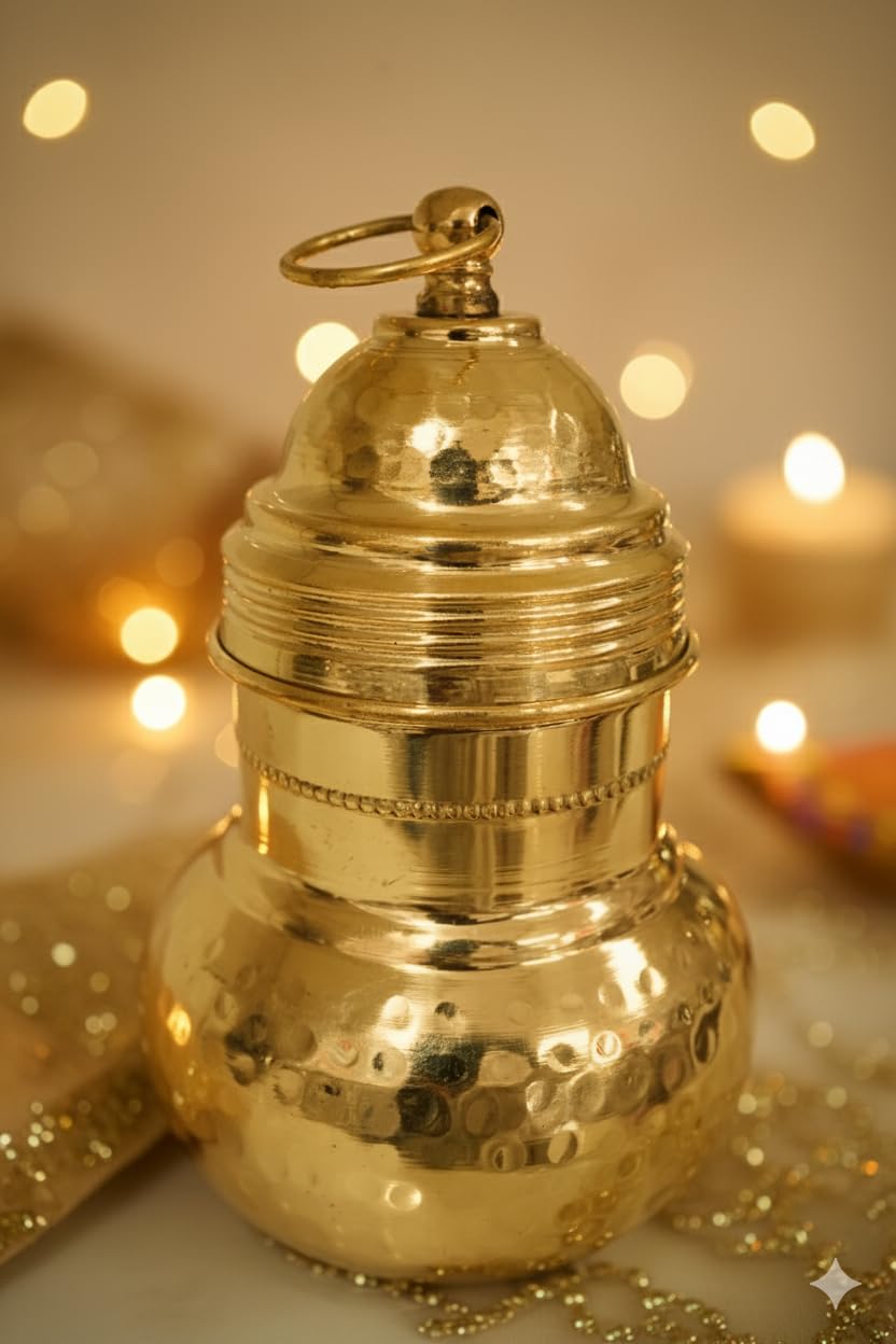 PeetalKraft Brass Gangajali Holy Water Pot with Lid, Gold, 500ml, Polished Brass, for Pooja, Temple & Rituals. (H-18cm,Dia-9cm) Weight-280 g