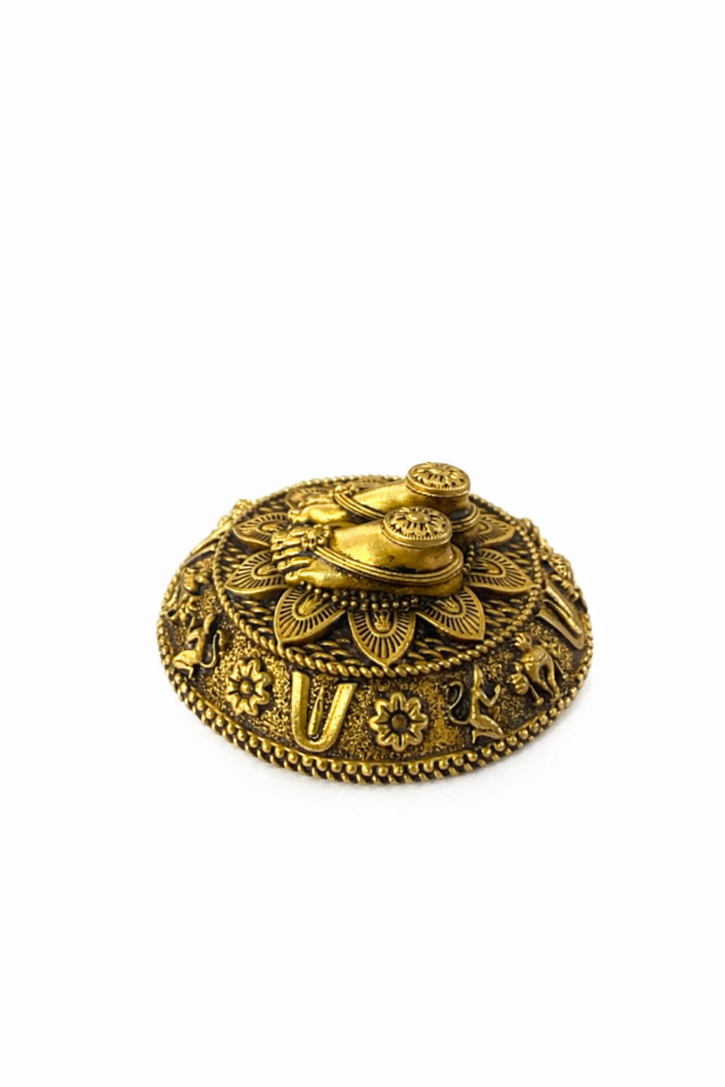 PeetalKraft Handcrafted Vishnu Charan Paduka Brass Figurine, Gold Finish, Divine Motifs, 6 cm Diameter, 3 cm Height, 40 g