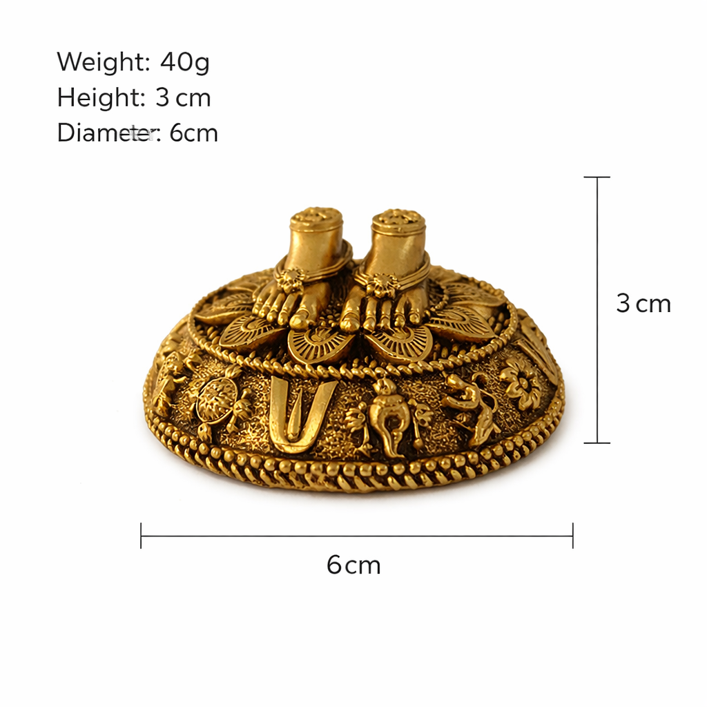 PeetalKraft Handcrafted Vishnu Charan Paduka Brass Figurine, Gold Finish, Divine Motifs, 6 cm Diameter, 3 cm Height, 40 g