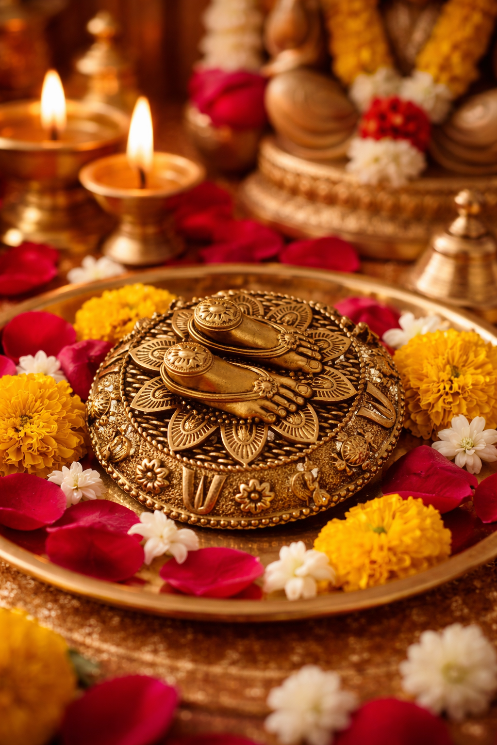 PeetalKraft Handcrafted Vishnu Charan Paduka Brass Figurine, Gold Finish, Divine Motifs, 6 cm Diameter, 3 cm Height, 40 g