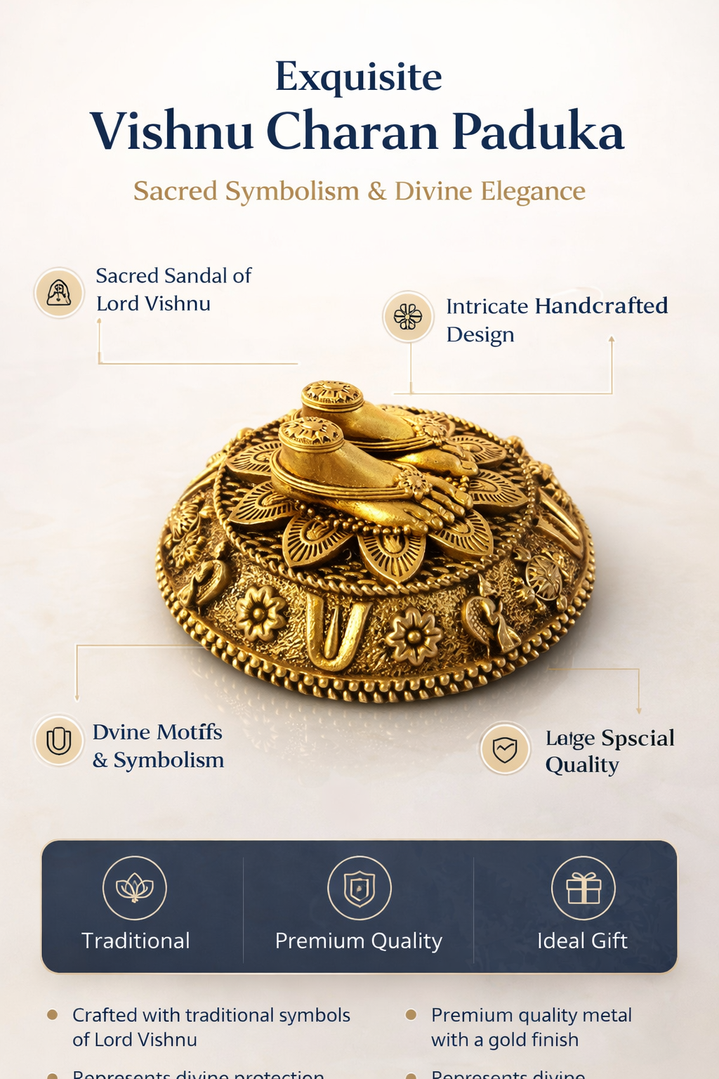 PeetalKraft Handcrafted Vishnu Charan Paduka Brass Figurine, Gold Finish, Divine Motifs, 6 cm Diameter, 3 cm Height, 40 g